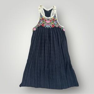 Anthropologie Maeve Black Embroidered Lace Bib Dress XS Boho Folk Floral